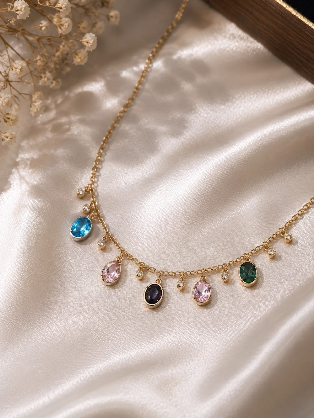 Gold Multi-Gemstone Pendant Necklace - Elegant Women’s Jewelry - Picture 4 of 7